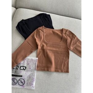 OQQ Crop Top Square Neck Long Sleeve Ribbed Stretch 2‎ Set